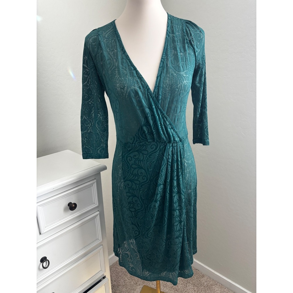 Marcia Mello Runway Teal Green Burnout Damask Wrap Style Dress V-Neck Sleeve P